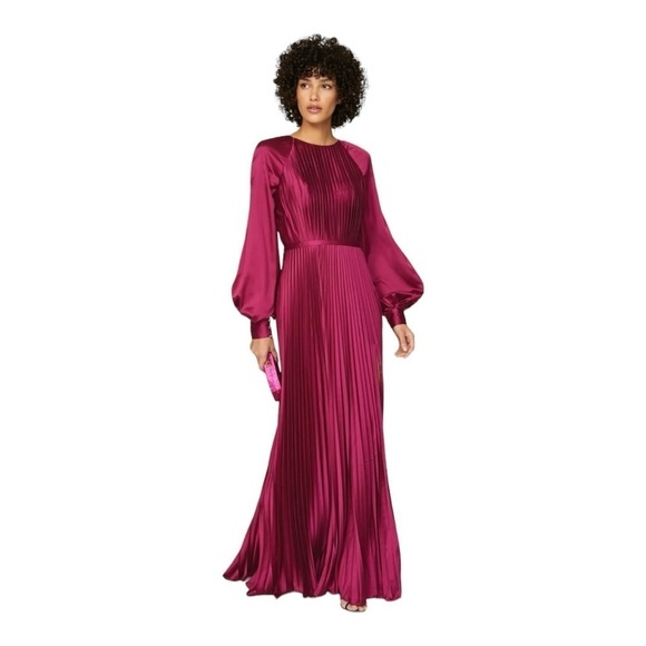 leena for Mac Duggal Pleated Long Sleeve Satin A-Line Gown in Berry NWT - Picture 1 of 11